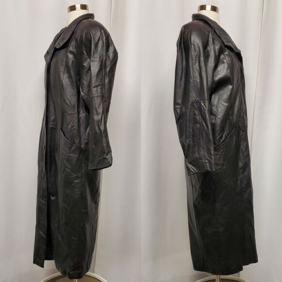 Vintage 90s y2k Wilsons Pelle Black Leather Goth Vampire Trench Over Coat Md - Picture 2 of 13